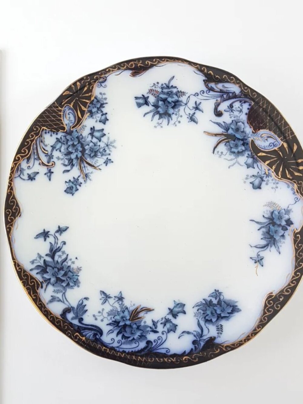 Antique Grimwades Flanders Flow Blue Dinner Plate Gold Gilding 9.25"